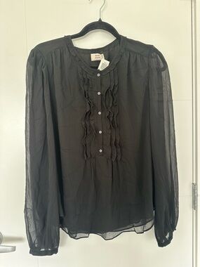 NWT Aritzia Little Moon Black Sheer Ruffle-Front Blouse